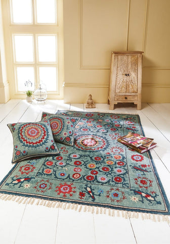 Teal and red floral patterned suzani rectangle cushion covers with fringe perfect for stylish home decor
