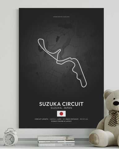 Black Suzuka circuit poster with white track layout and Japanese flag perfect for Japanese Grand Prix fans