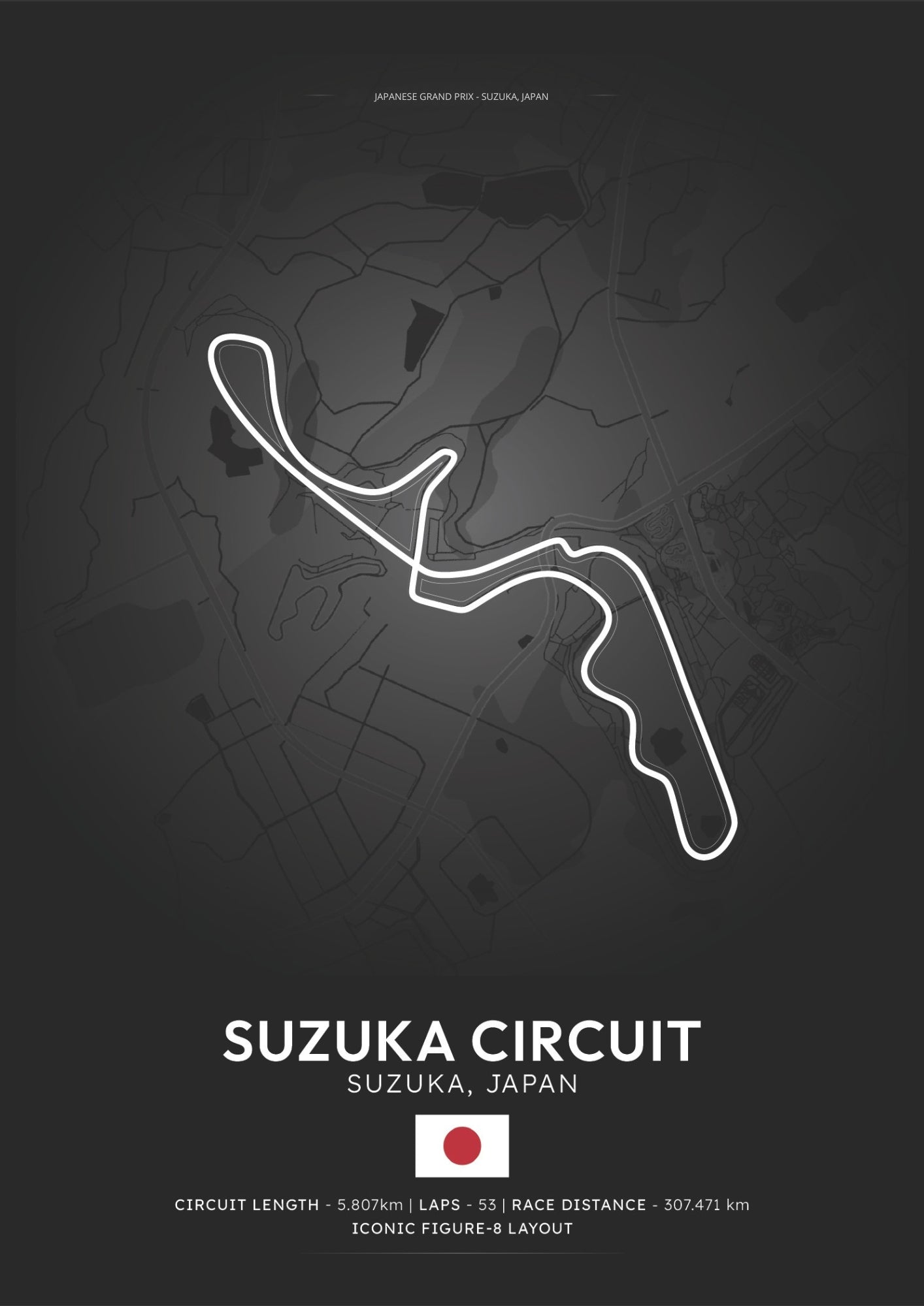 Minimalist white line art suzuka circuit poster on dark background for japanese grand prix and f1 fans