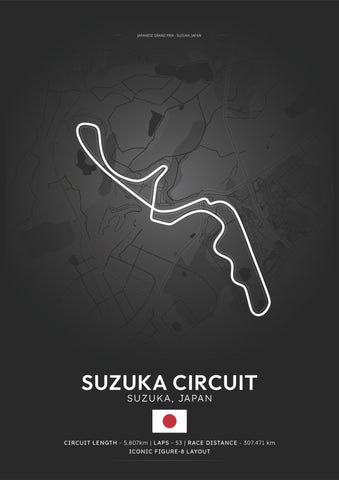 Minimalist white line art suzuka circuit poster on dark background for japanese grand prix and f1 fans