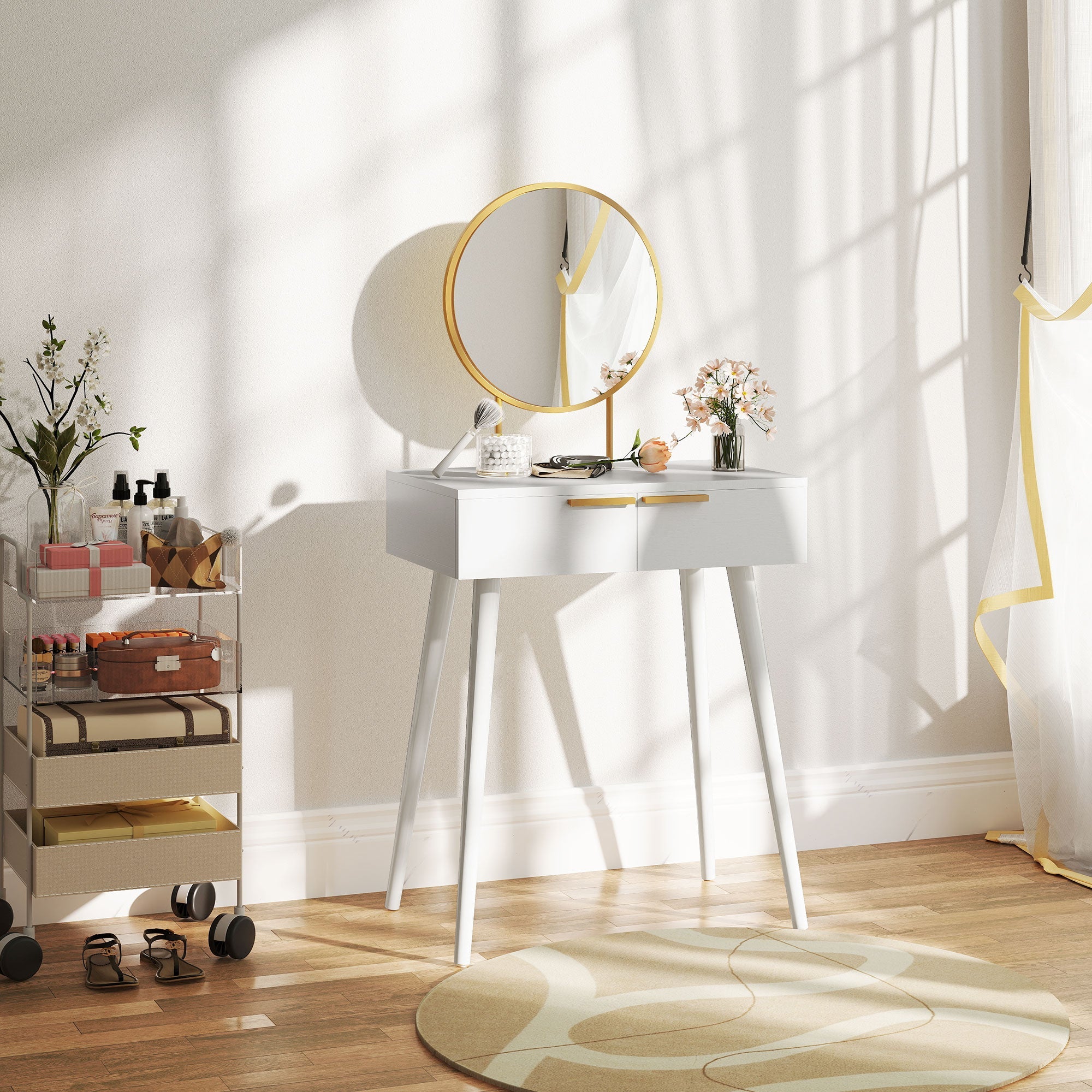 HOMCOM Dressing Table with Round Mirror - White