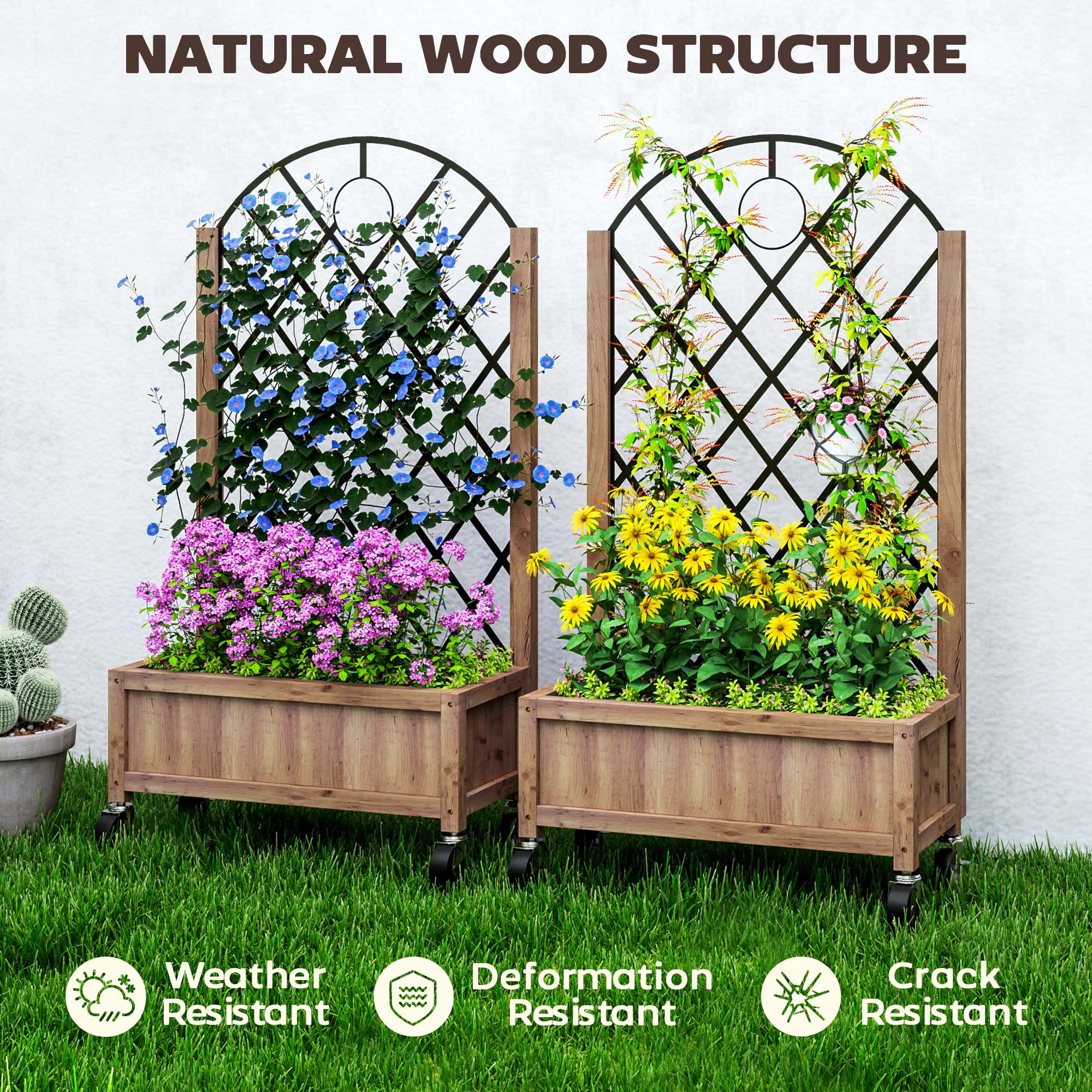 Outsunny Wooden Planter, with Metal Trellis - Brown/Black