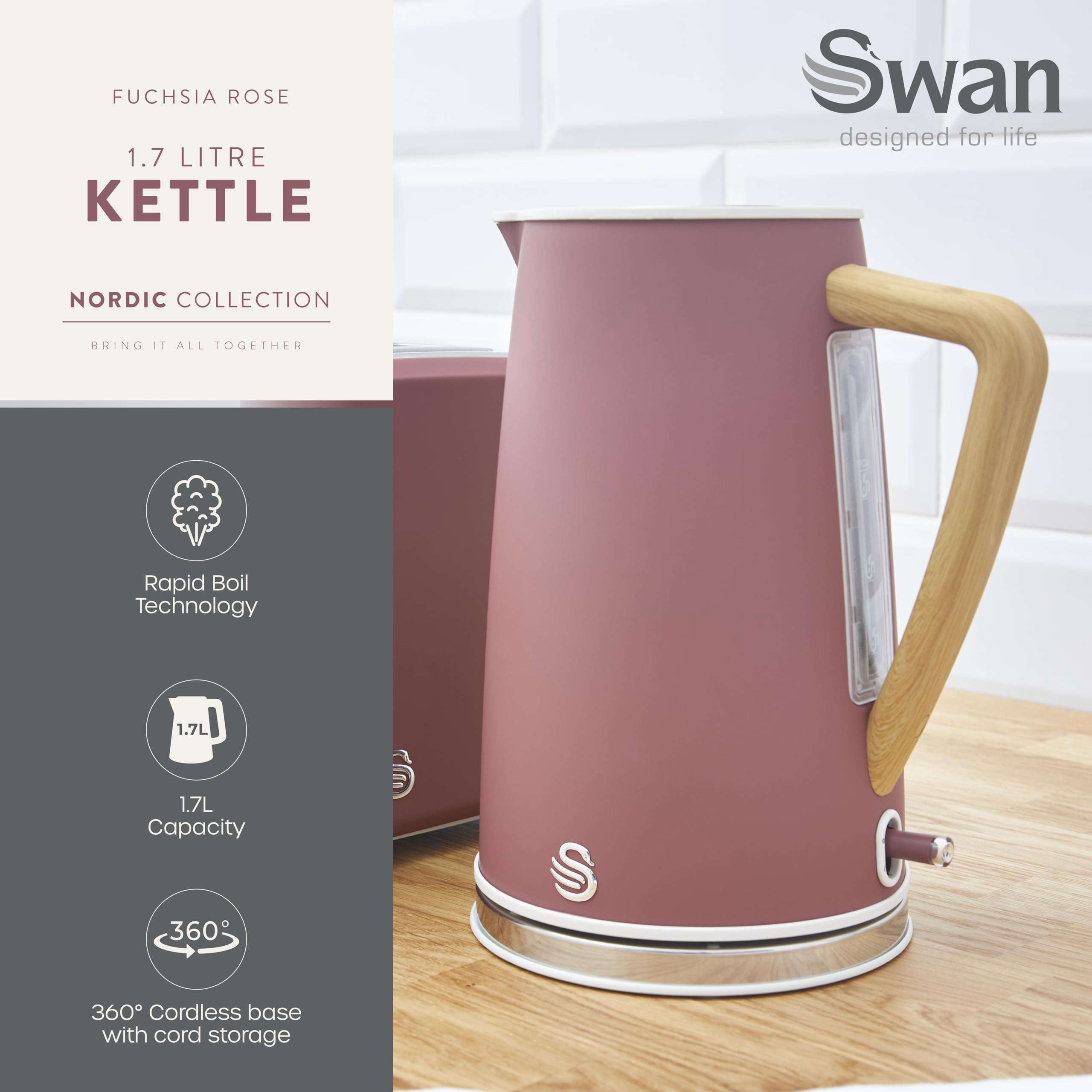 Fuchsia rose swan sk14610fus nordic electric kettle with wooden handle stainless steel base and fast boil technology