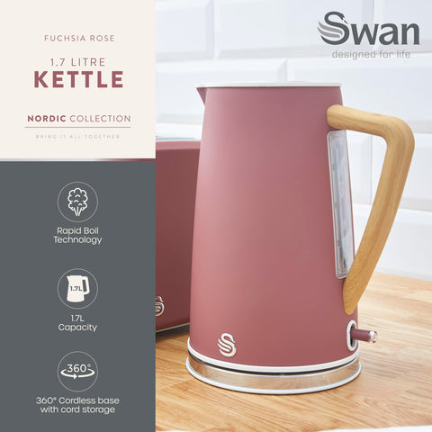 Fuchsia rose swan sk14610fus nordic electric kettle with wooden handle stainless steel base and fast boil technology
