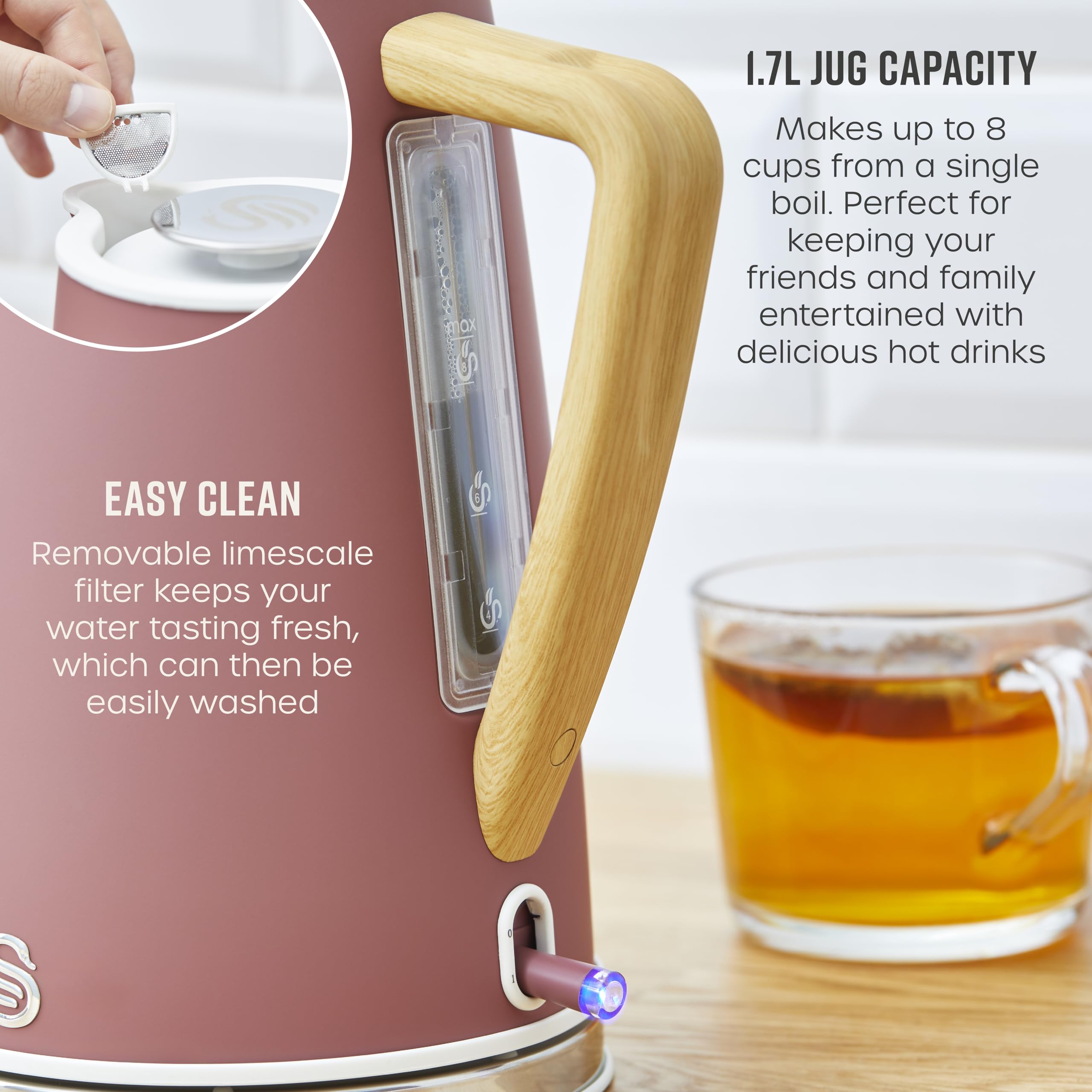 A matte rose gold swan sk14610fus nordic cordless jug kettle with soft touch wood handle and boil technology