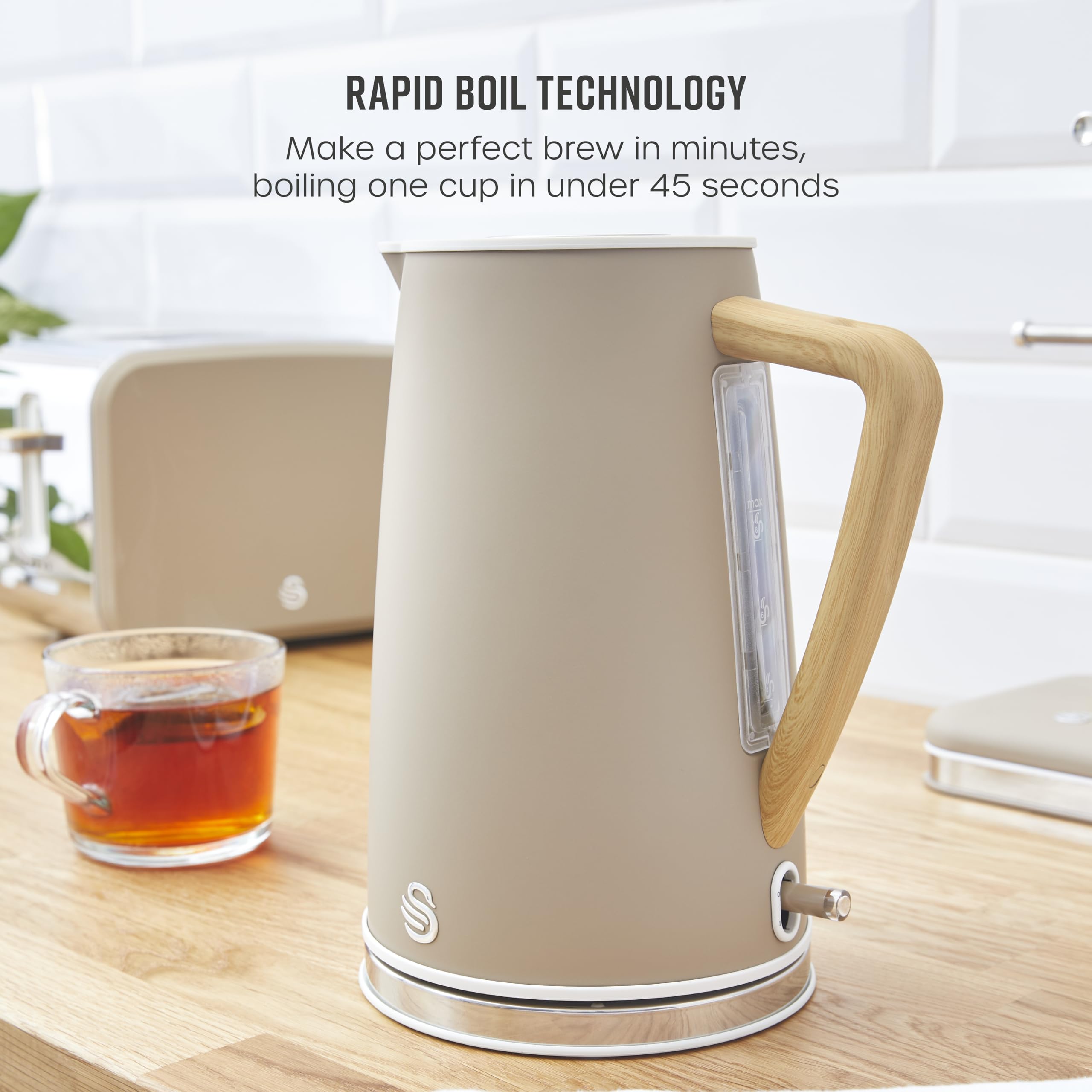 Beige swan sk14610oat nordic cordless jug kettle with wooden handle stainless steel base and boil technology