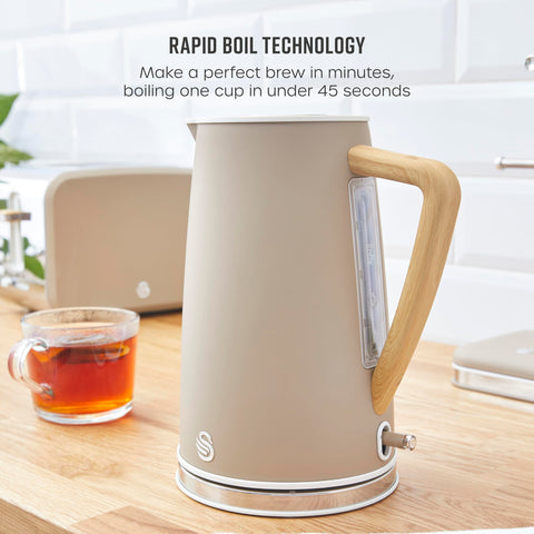 Beige swan sk14610oat nordic cordless jug kettle with wooden handle stainless steel base and boil technology