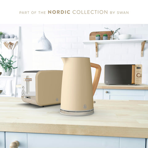 Cream-colored swan sk14610oat nordic cordless jug kettle with wooden handle soft touch and fast boil technology
