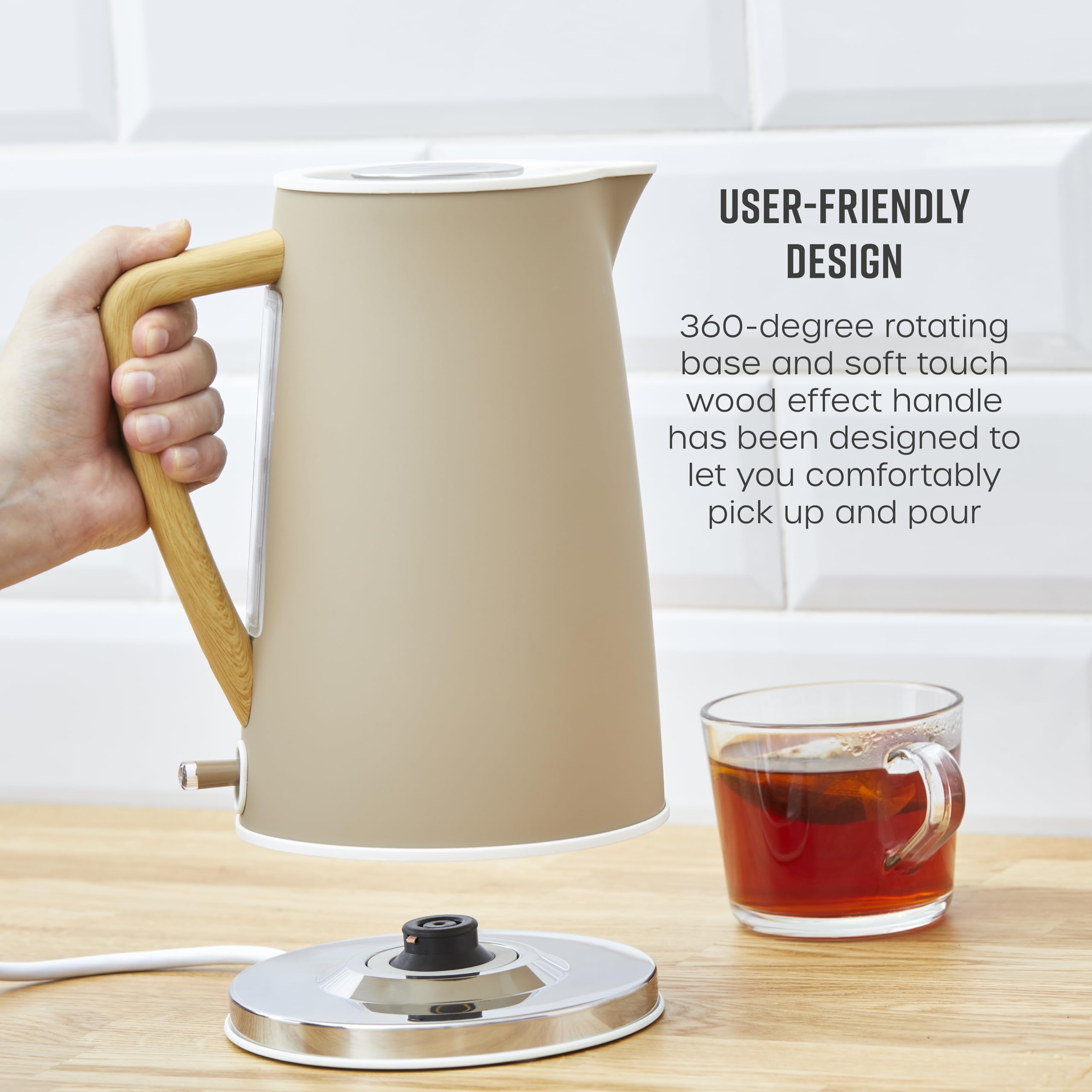 Beige swan sk14610oat nordic cordless jug kettle with soft touch wood handle and stainless steel base with boil technology