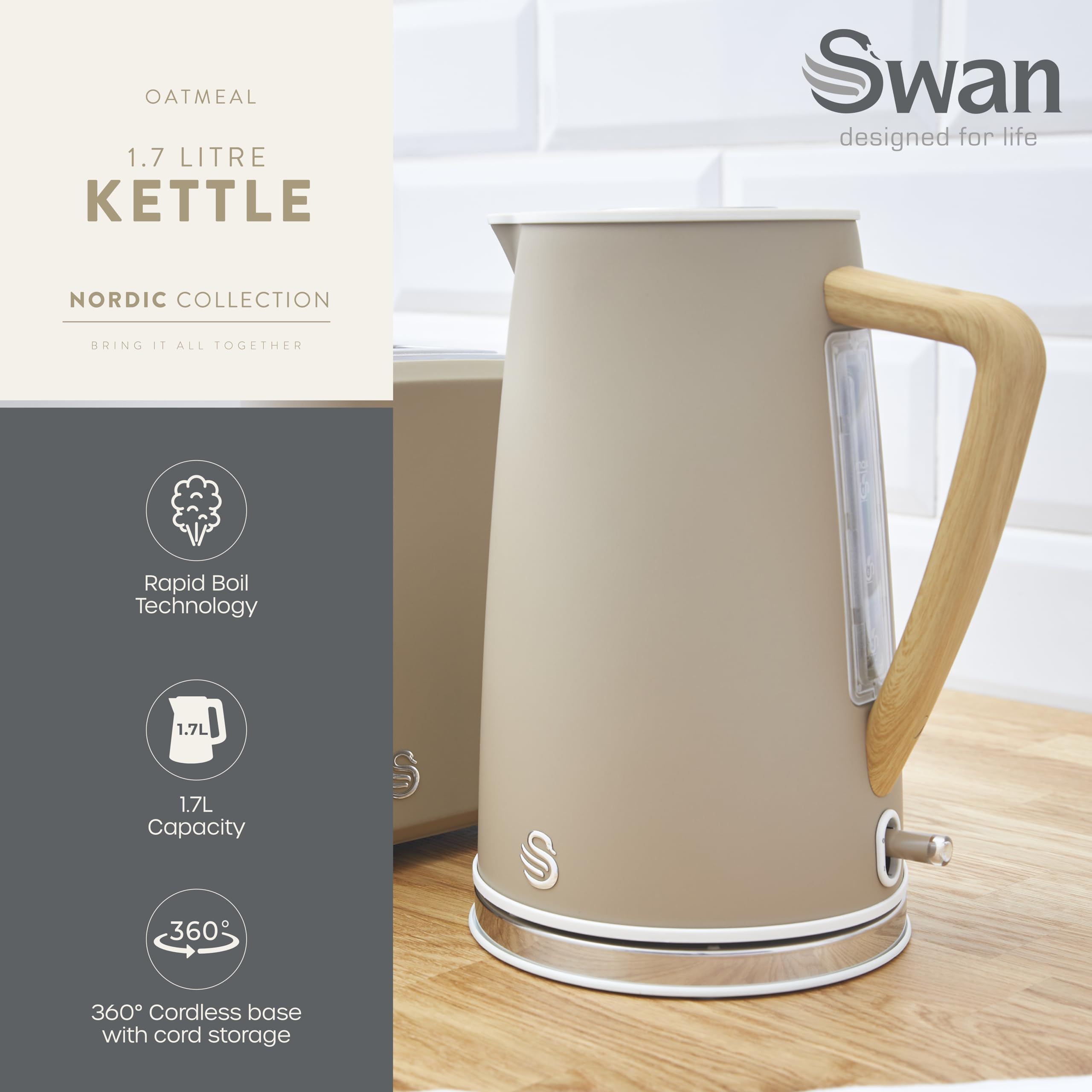 Beige swan sk14610oat nordic kettle with wooden handle and stainless steel base featuring boil technology and soft touch