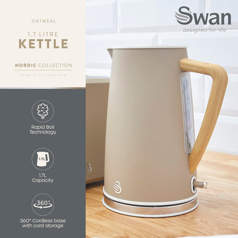 Beige swan sk14610oat nordic kettle with wooden handle and stainless steel base featuring boil technology and soft touch