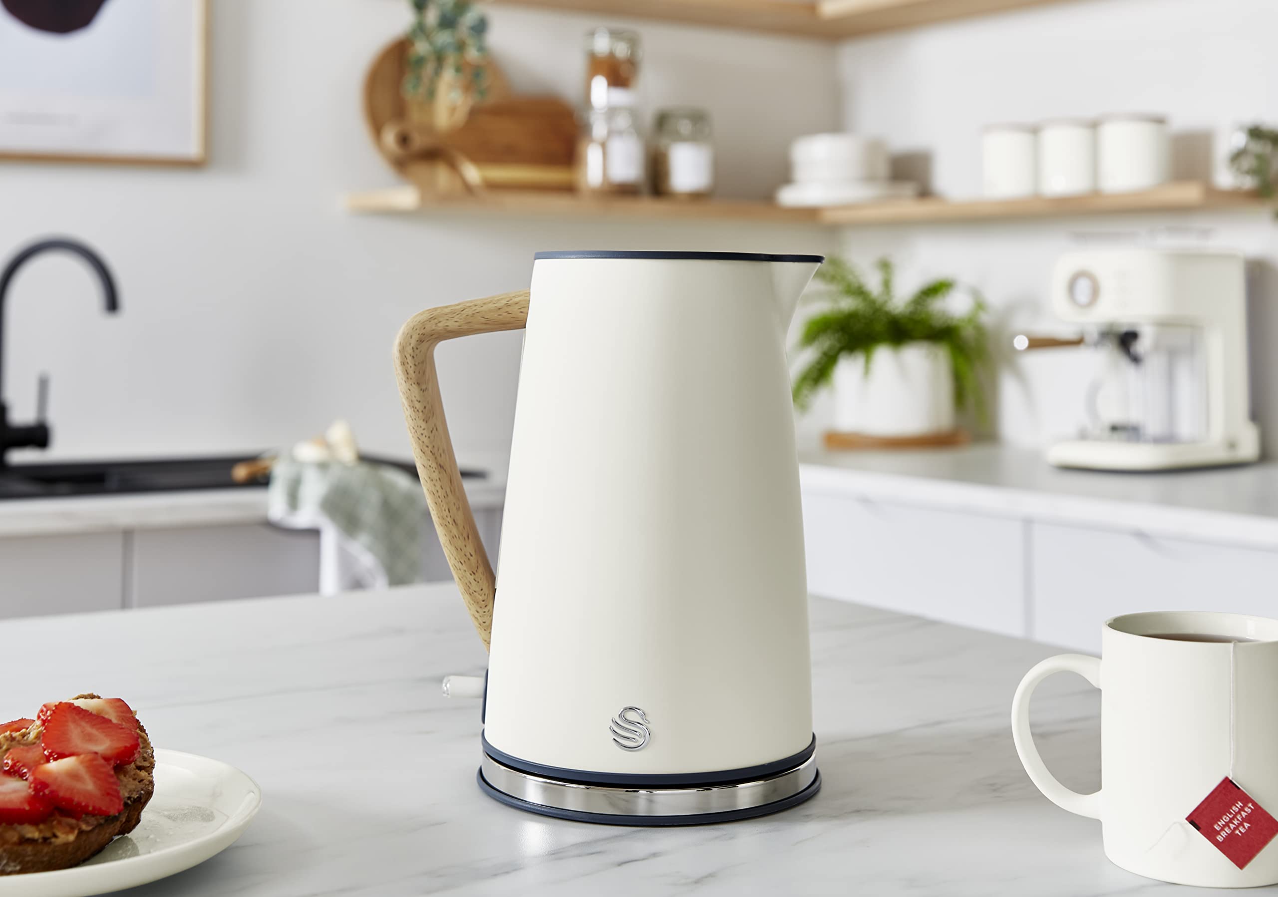 Cream-colored swan sk14610whtn nordic jug kettle with wooden handle stainless steel base and fast boil technology