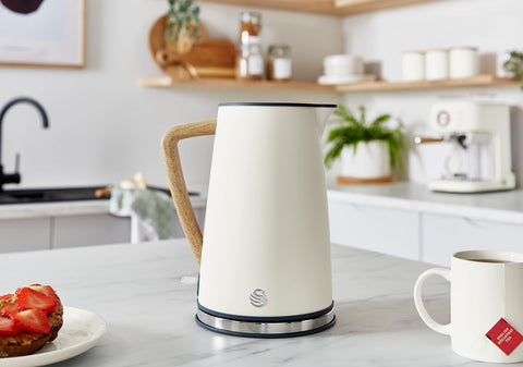 Cream-colored swan sk14610whtn nordic jug kettle with wooden handle stainless steel base and fast boil technology