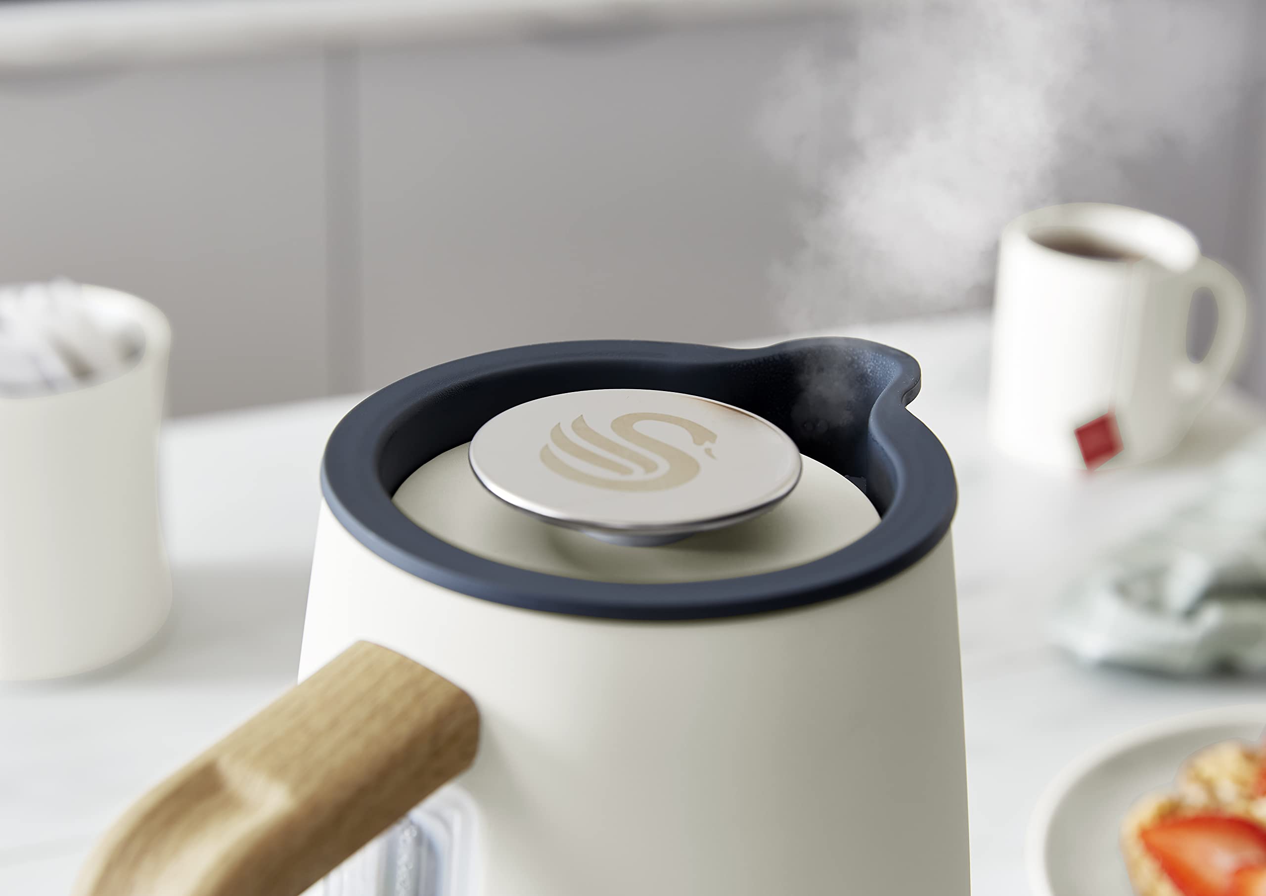 Cream swan sk14610whtn nordic jug kettle with navy lid rim wooden handle and fast boil technology steam visible