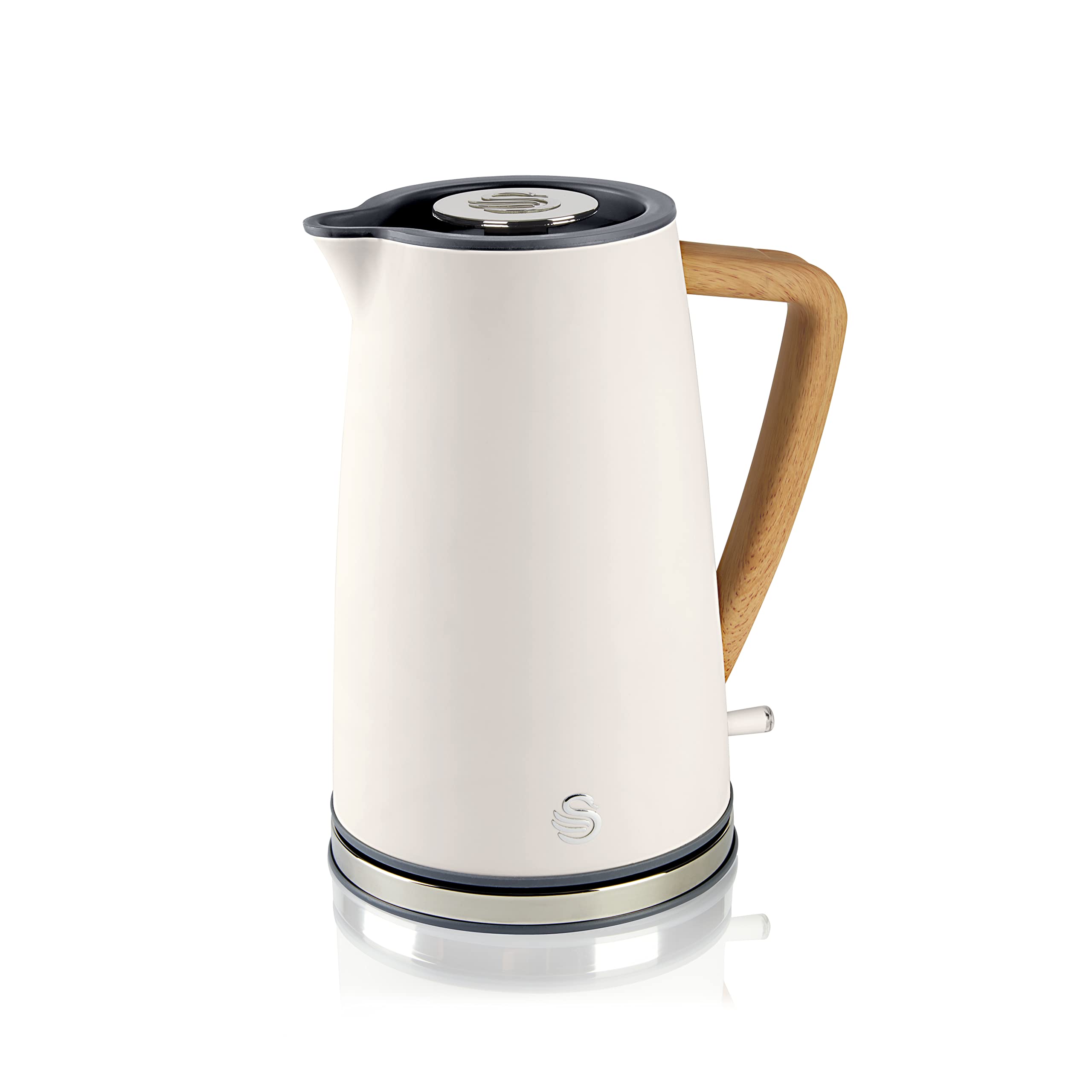 Cream-colored swan sk14610whtn nordic jug kettle with wooden handle and stainless steel accents fast boil technology