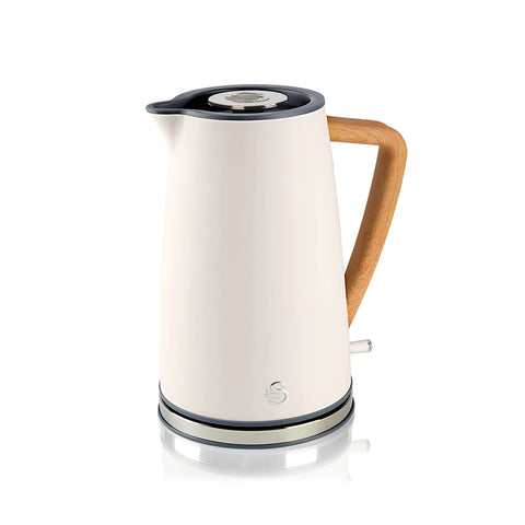 Cream-colored swan sk14610whtn nordic jug kettle with wooden handle and stainless steel accents fast boil technology
