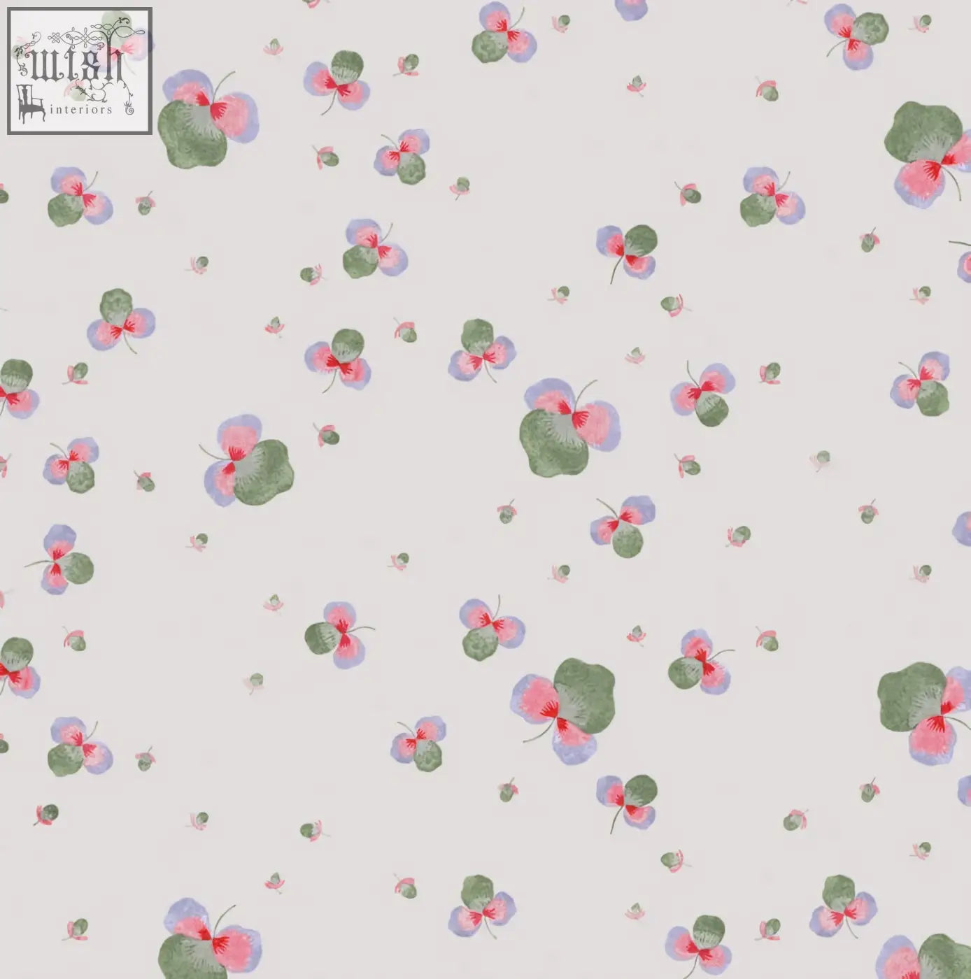 Sweet clover wallpaper with pink and purple blossoms three leaves pattern on off-white background made from ethically sourced materials