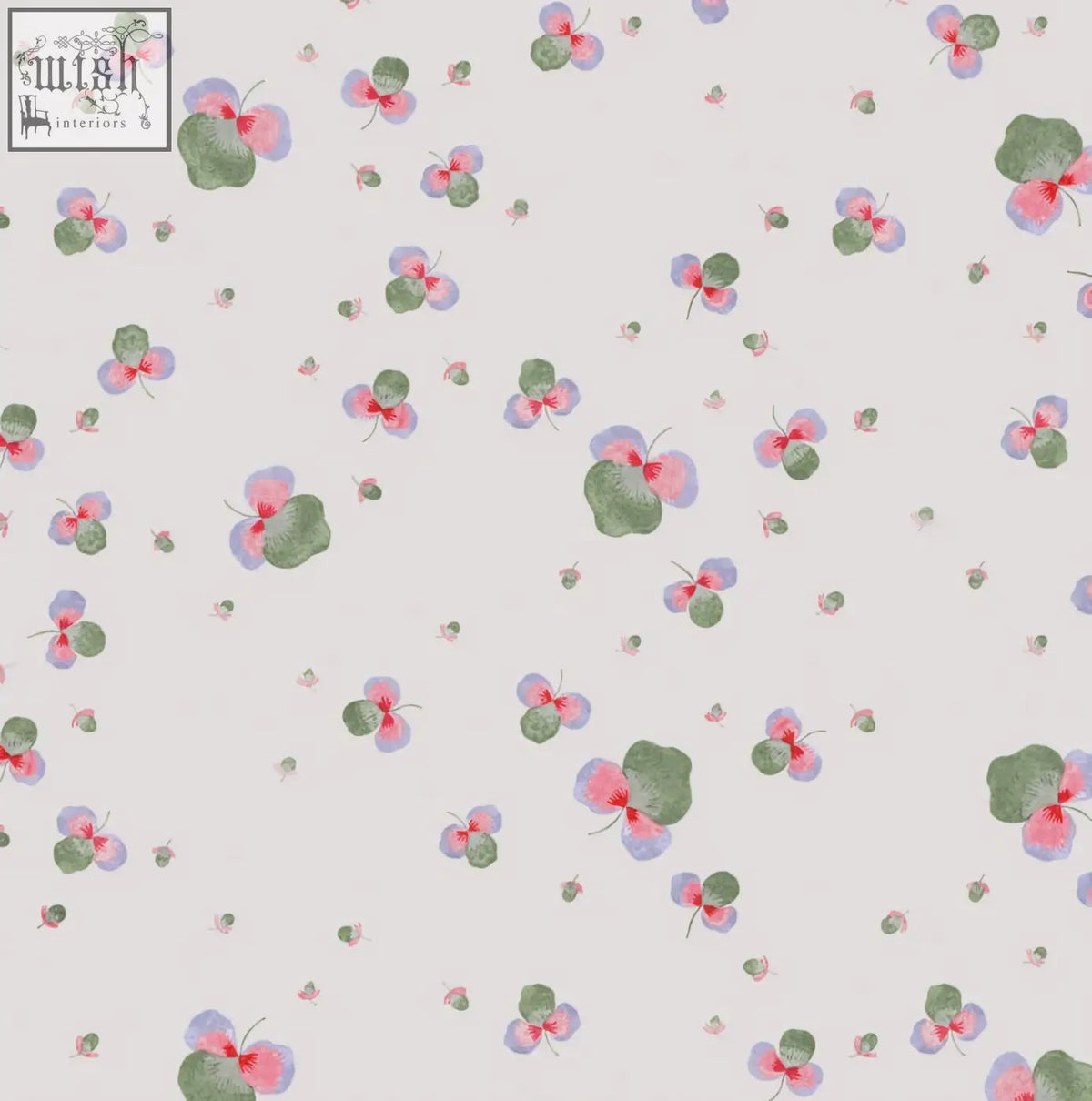 Sweet clover wallpaper with pink and purple blossoms three leaves pattern on off-white background made from ethically sourced materials
