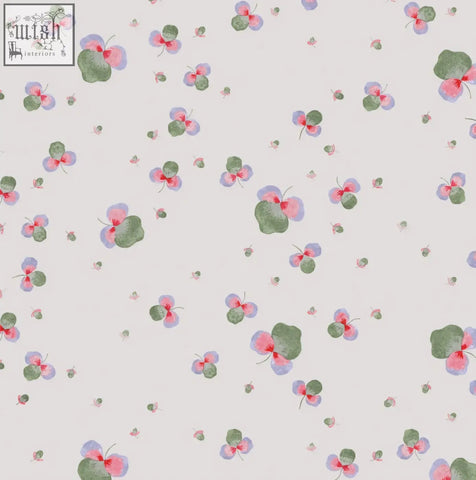 Sweet clover wallpaper with pink and purple blossoms three leaves pattern on off-white background made from ethically sourced materials