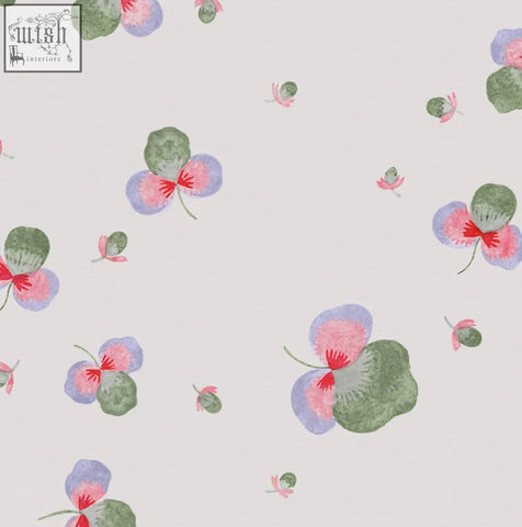 Sweet clover wallpaper with delicate pink lavender flowers and three leaves on cream made from ethically sourced materials