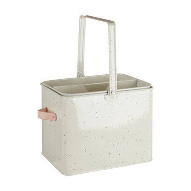 Cream-colored speckled enamelware sweet heart housekeeper box with silver handle and pink side grip utility basket