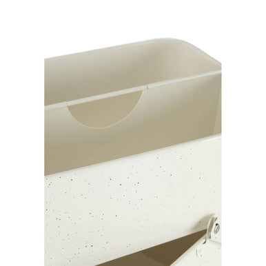 Cream colored speckled plastic sweet heart housekeeper box with curved handle for easy storage and carrying