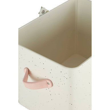 Cream-colored speckled sweet heart housekeeper box with a soft pink handle for stylish storage and organization