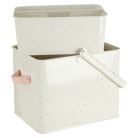 Cream-colored speckled metal sweet heart housekeeper box with a pink handle and white lid hinge for storage organization