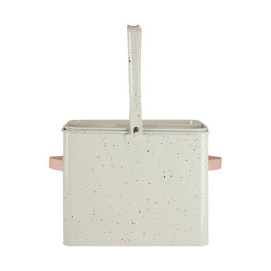 Cream-colored speckled metal sweet heart housekeeper box with pink handles and a top handle for easy carrying