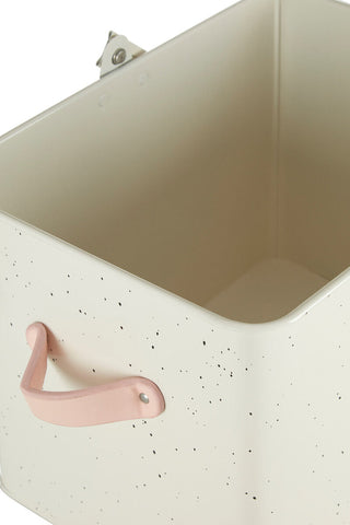 Cream-colored speckled metal sweet heart housekeeper box with soft pink handle for stylish storage organization