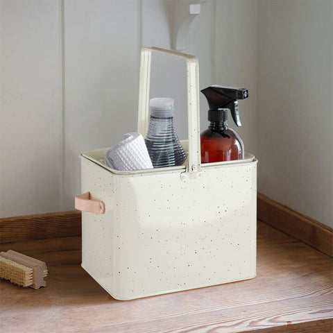 Cream-colored speckled metal sweet heart housekeeper box with handle and side grip for easy carrying