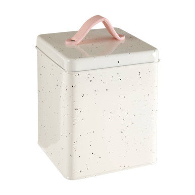 Cream-colored speckled metal sweet heart large storage canister with a pink handle for heart large storage needs