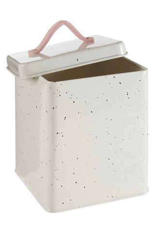 Cream-colored speckled metal sweet heart large storage canister with a pink handle for stylish kitchen storage