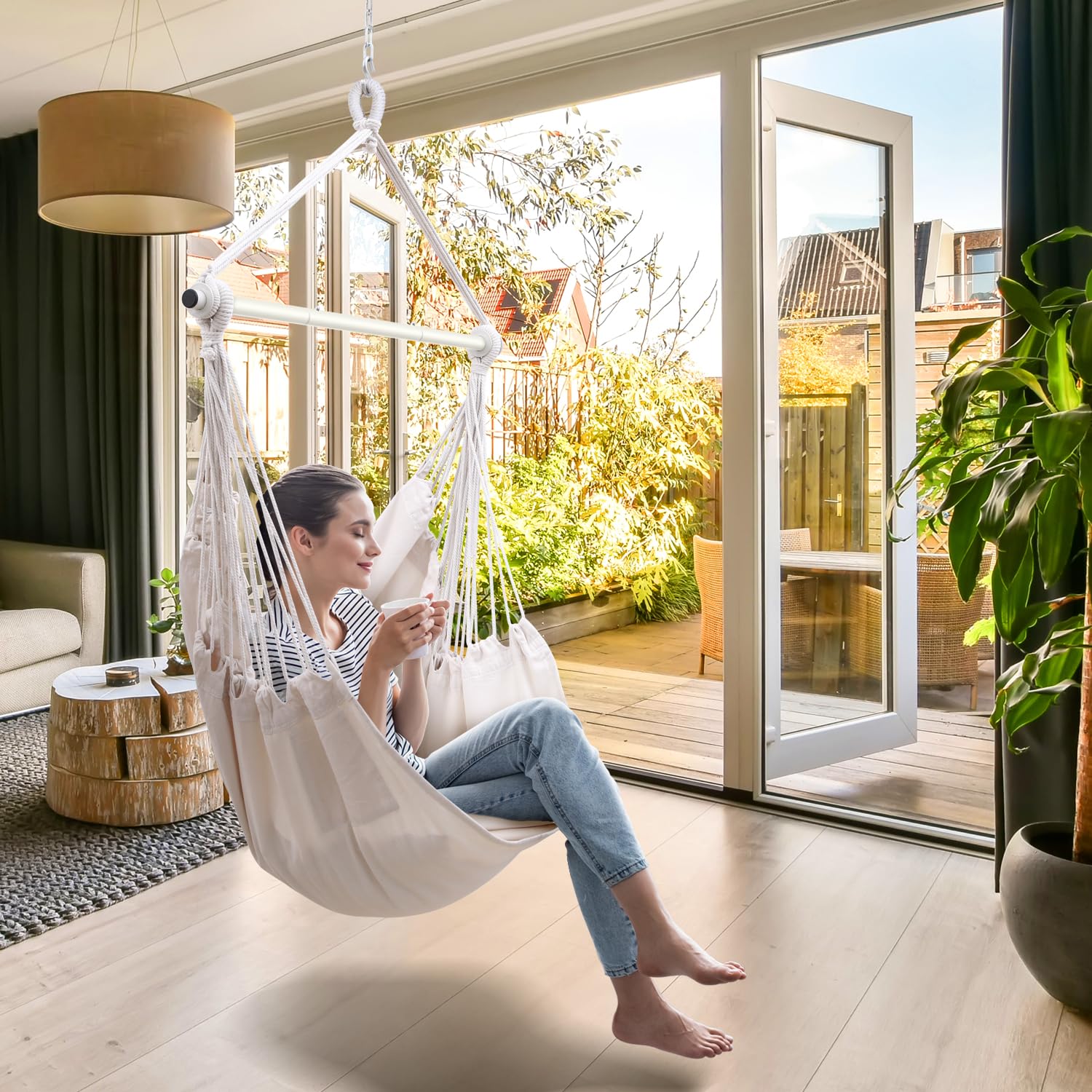 White ohuhu xl portable hanging chair with macrame seat fabric straps and cushions for indoor outdoor use