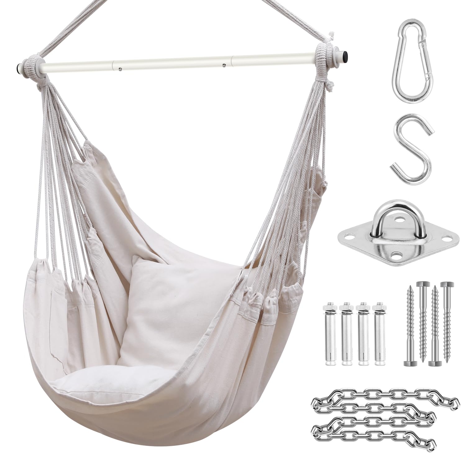 Beige ohuhu xl portable hanging chair with white metal frame matching fabric and cushions for indoor outdoor use