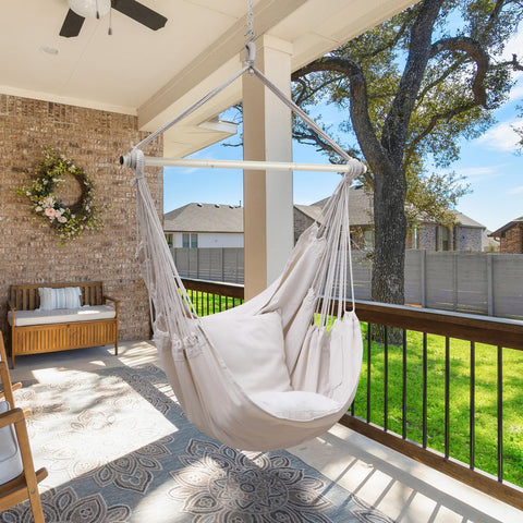 Beige ohuhu xl portable hanging chair with white fabric straps metal frame and cushions for indoor outdoor use