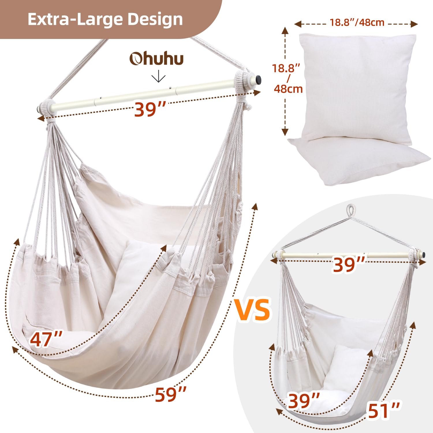 It’s ohuhu xl portable hanging chair with beige fabric seat white pillow sturdy rope suspension for indoor outdoor use