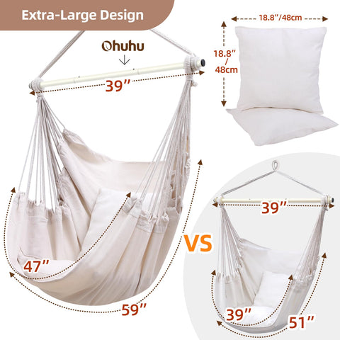 It’s ohuhu xl portable hanging chair with beige fabric seat white pillow sturdy rope suspension for indoor outdoor use