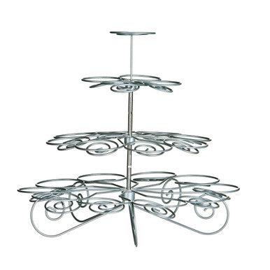 Silver metal tier silver wire cupcake stand with swirl chrome design holds up to 23 cups for display and serving