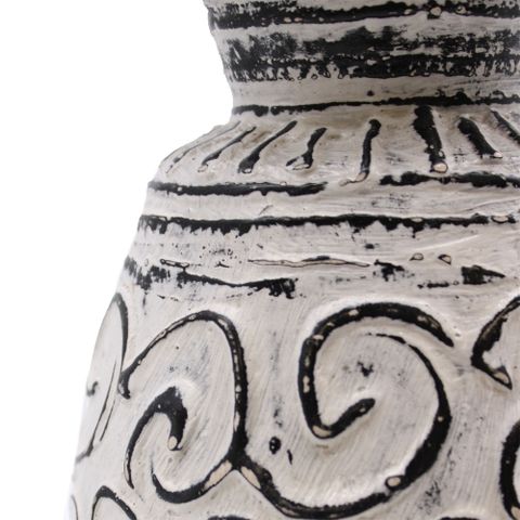 A cream lombok ceramic vase with black hand-painted swirling and linear patterns perfect for dry flowers