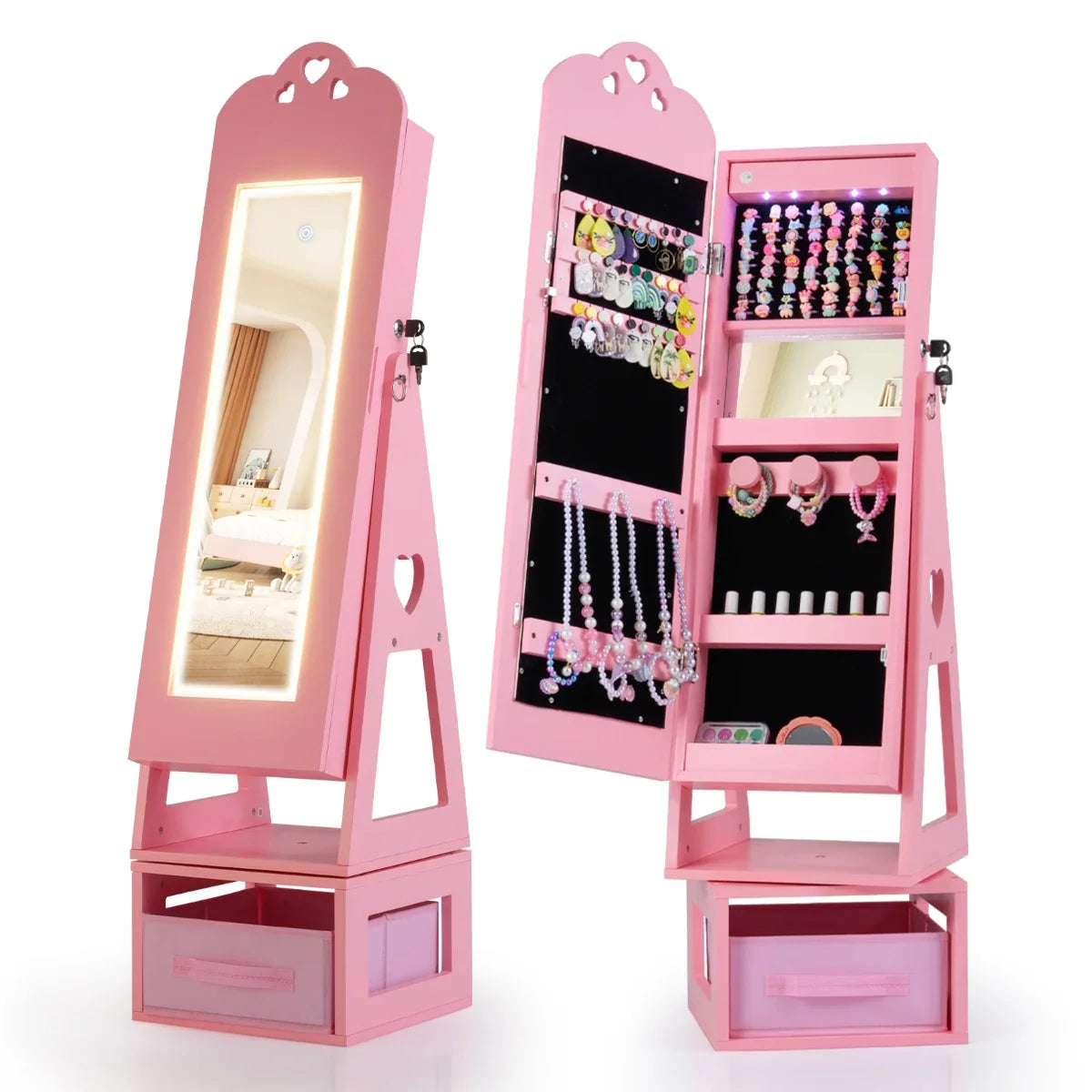 Swivel Kids Jewelry Cabinet with Full-Length Mirror and Lights-White