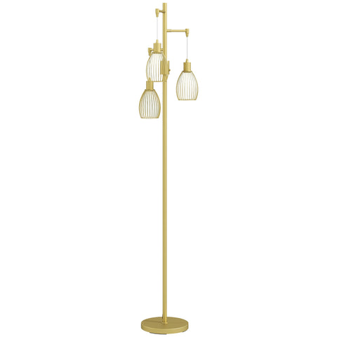 HOMCOM 3-Light Floor Lamp, 170cm Industrial Dimmable Standing Lamp with Steel Wire Cage Lampshades for Living Room, Bedroom, Dining Room, Study, Gold Tone