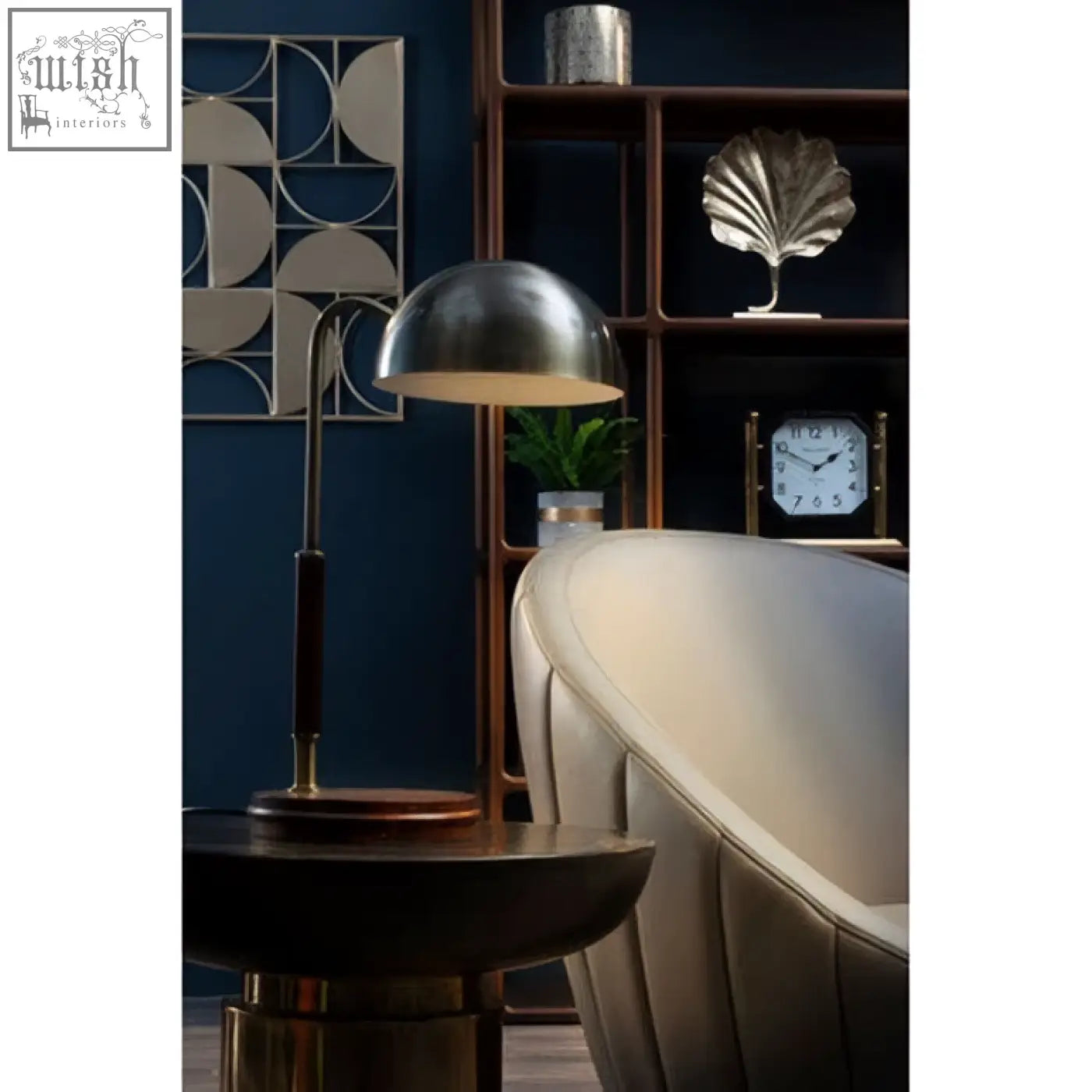 Sydnee antique brass finish task lamp with wood base features a sleek silver dome shade and slender brass finish task base