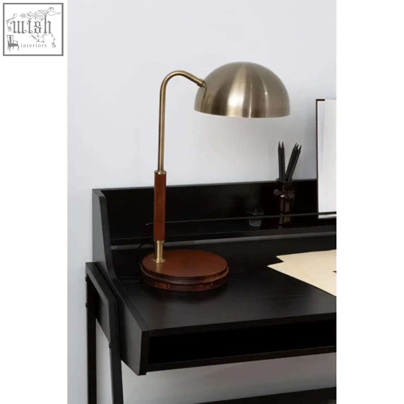 Sydnee antique brass finish task lamp with wood base and curved arm for stylish lighting and workspace use