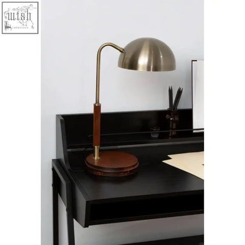Sydnee antique brass finish task lamp with wood base and curved arm for stylish lighting and workspace use