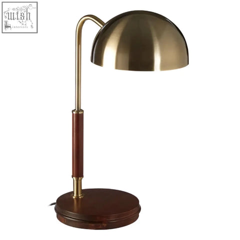 Brass finish task lamp with polished brass dome and wood base perfect for stylish desk lighting