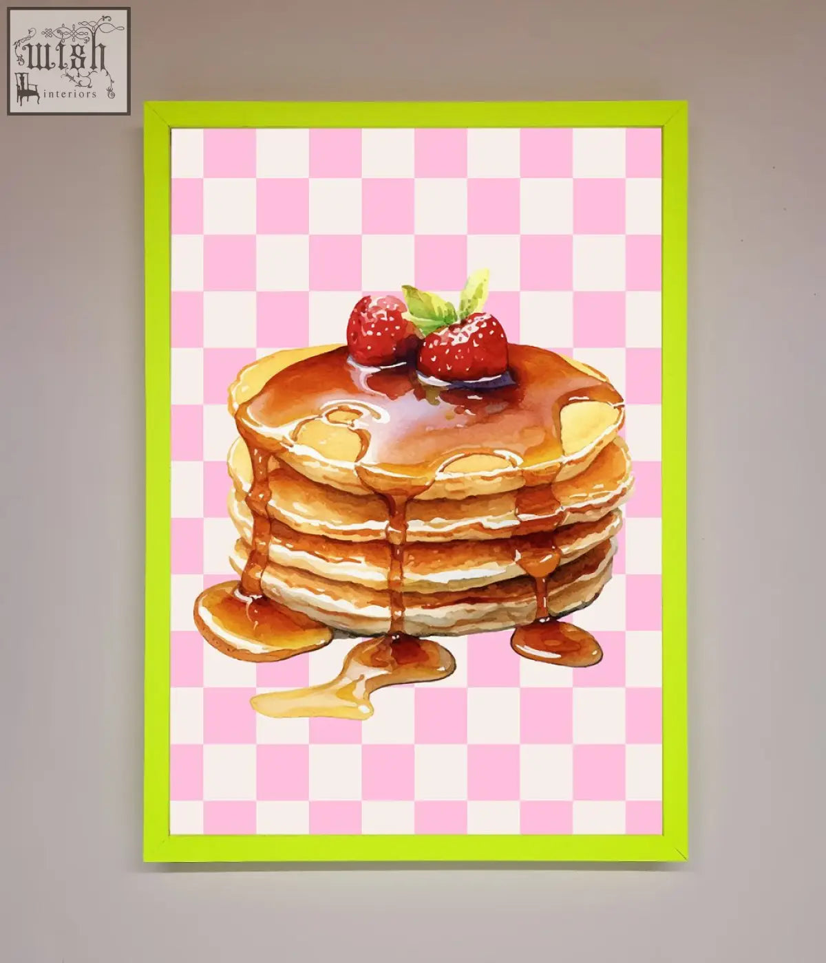 A vibrant framed print of syrup pancakes with fresh strawberries in bright lime green frame choices