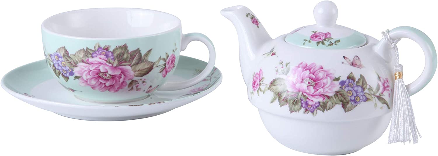 Tea for One Teapot Cup suacer Set Shaby Chic Flora Bird Rose Butterfly Porcelain Gift Box (Teal)