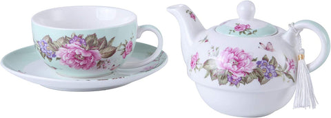 Tea for One Teapot Cup suacer Set Shaby Chic Flora Bird Rose Butterfly Porcelain Gift Box (Teal)