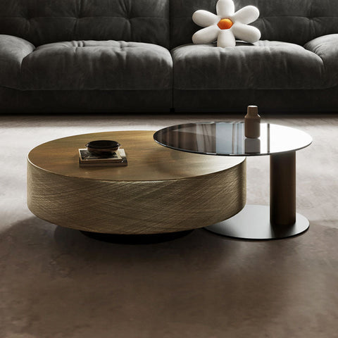 Modern t94 golden nesting coffee table with gold finish textured circular base and glass top perfect for living room